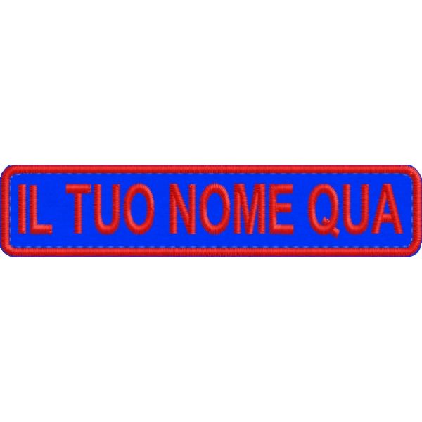 Badge ricamato con il proprio nome, su blu e filato rosso