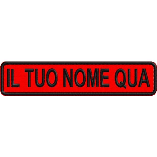 Badge ricamato con il proprio nome, su blu e filato rosso