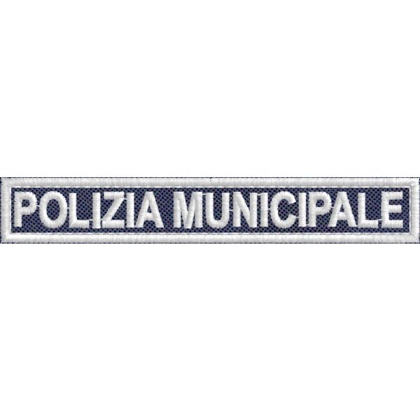Patch scritta ricamata POLIZIA MUNICIPALE su base blu navy Cm.10 x 1,5 Cod.20170722_A