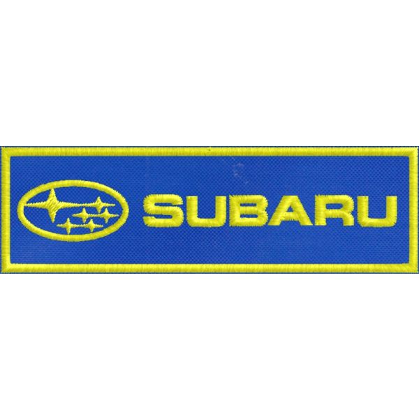 Etichetta ricamata SUBARU su base cm. 10 x 3 su base di tessuto blu Cod.2017419_A
