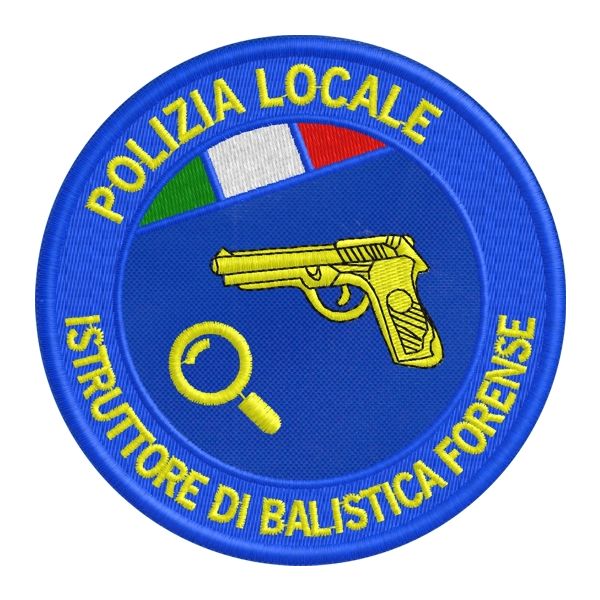 Bollo tondo ISTRUTTORE DI BALISTICA FORENSE Polizia locale ,ricamato su base tessuto blu Cod.20170725_A