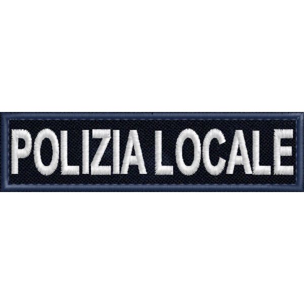 Rendering ricamo scritta POLIZIA LOCALE su base blu navy Cm.9 x 2 