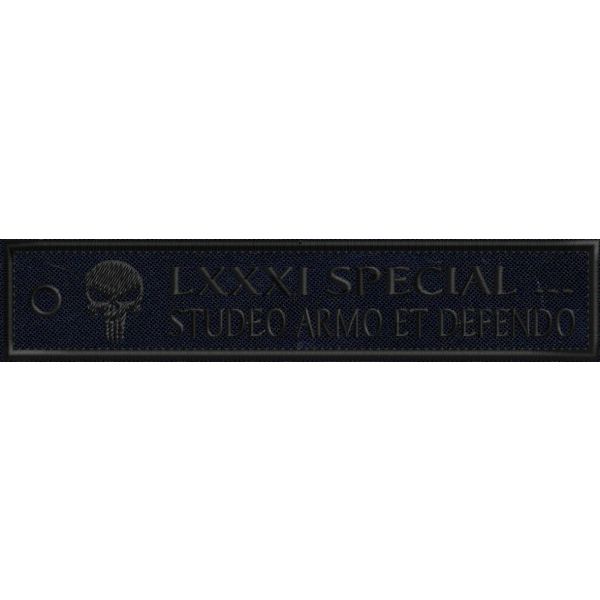Patch ricamato LXXXI SPECIAL ...STUDEO ARMO ET DEFENDO, ad uso portachiavi filato GOLD