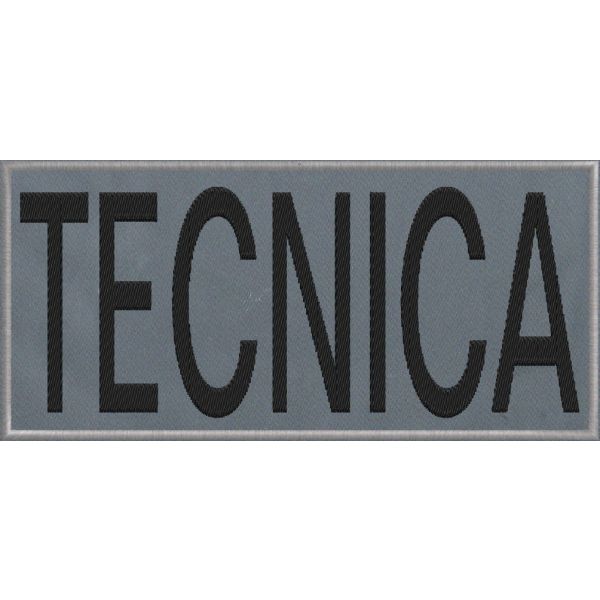 Patch ricamato cm. 17 x 8 scritta TECNICA   su base tessuto RIFRANGENTE