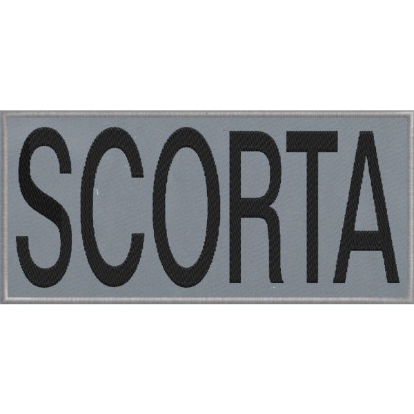 Patch ricamato cm. 17 x 8 scritta SCORTA su base tessuto ZIGZAG