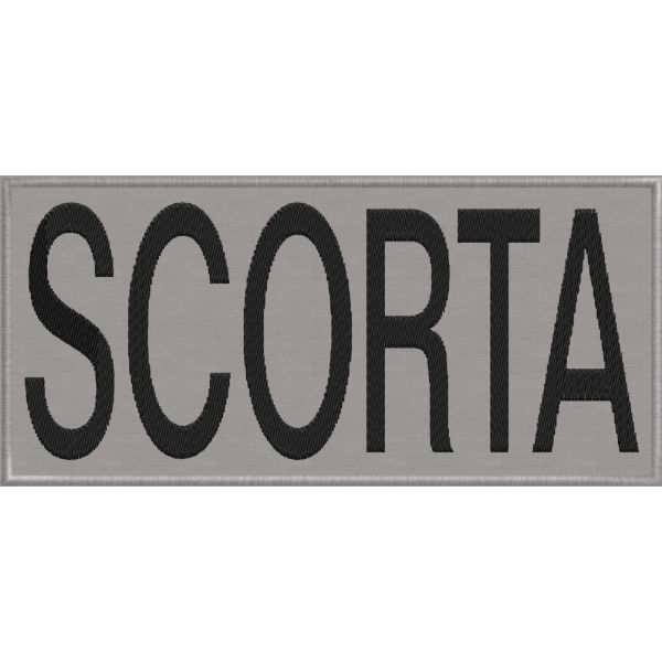 Patch ricamato cm. 17 x 8 scritta SCORTA su base tessuto ZIGZAG