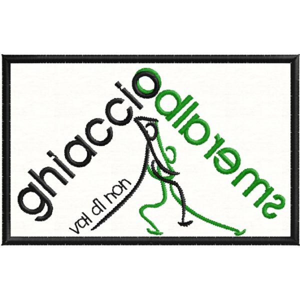 Patch ricamato rettangolare logo GHIACCIO SMERALDO val di non mm. 80 per 50 di altezza Cod.20180911_A