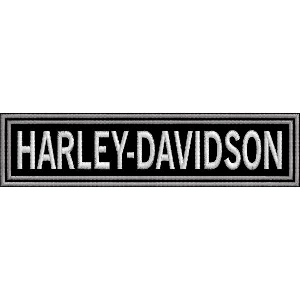 PATCH ricamata scritta HARLEY-DAVIDSON su base nera CON FILATO BIANCO E GRIGIO cm. 27 X 6,5 di lunghezza