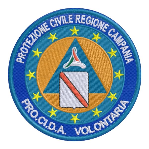 Patch ricamato PROTEZIONE CIVILE REGIONE CAMPANIA (PRO.CI.D.A.   VOLONTARIA)  Cod.20200427_A diam.90 mm.