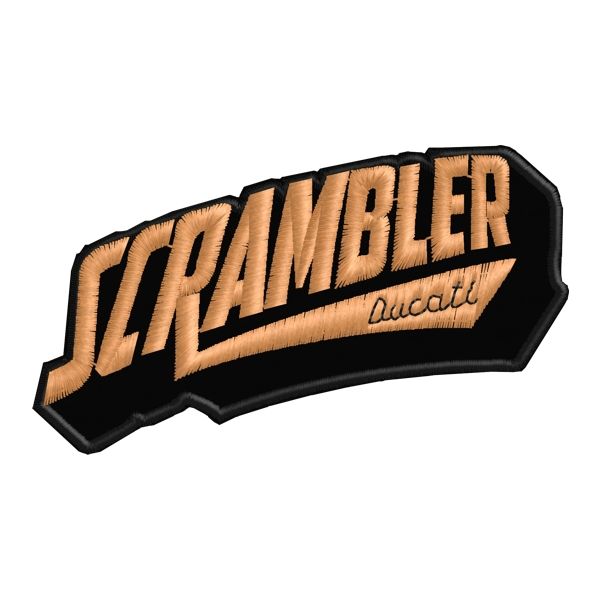 Patch ricamato scritta SCRAMBLER arrotondata CM.9 X 5 con scritta BIANCA