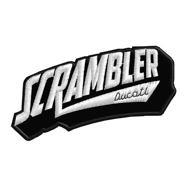 Patch ricamato scritta SCRAMBLER arrotondata CM.9 X 5 con scritta BIANCA