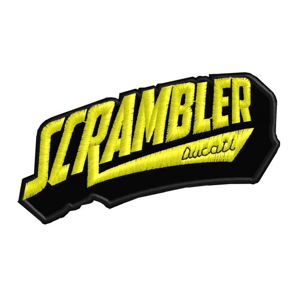 Patch ricamato scritta SCRAMBLER arrotondata CM.9 X 5 con scritta BIANCA