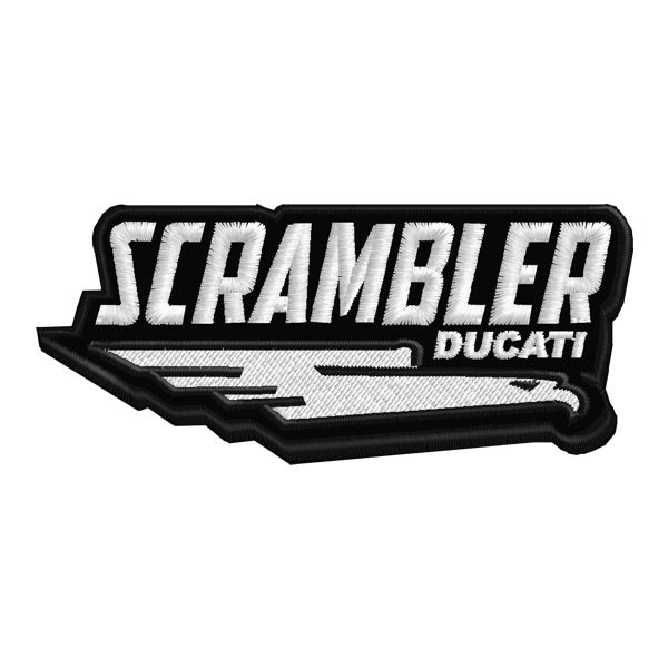 Patch ricamato scritta SCRAMBLER orizzontale CM.9 X 4 in bianco