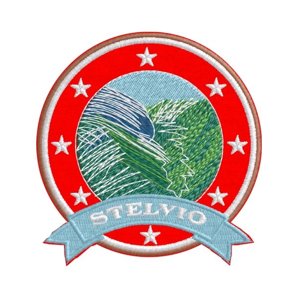 Patch Ricamato passo dello STELVIO su base rossa diam cm.7,5 cod.20200603_A