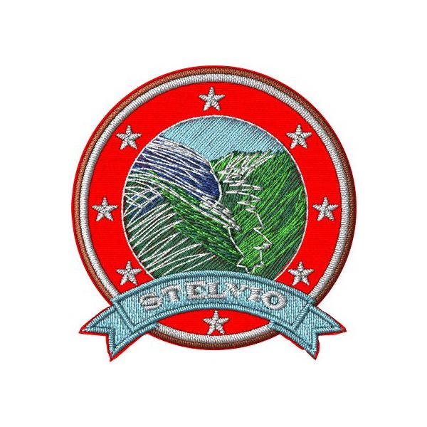 Patch Ricamato passo dello STELVIO su base rossa diam cm.5,0 cod.20201123_A