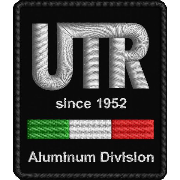 Patch ricamato UTR Aluminum Division mm. 70 per 80 di altezza UTR con filo bianco