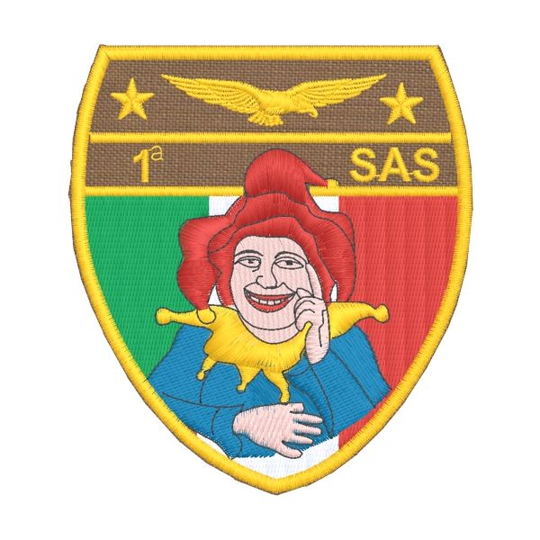 Scudetto ricamato con Jolly 1° SAS su base mm.85 x mm.75 di altezza 