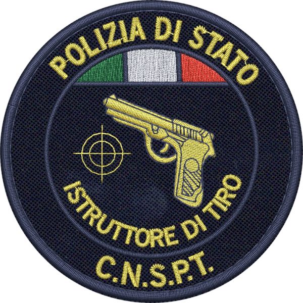 ISTRUTTORE DI TIRO C.N.S.P.T. Polizia di Stato con mirino ,patch ricamato bassa visibilita con tricolore su base tessuto bluNAVY 