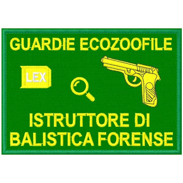 Patch rettangolare cm. 10 x 7  ISTRUTTORE DI BALISTICA FORENSE GUARDIE ECOZOOFILE SU BASE VERDE