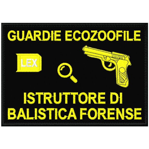 Patch rettangolare cm. 10 x 7  ISTRUTTORE DI BALISTICA FORENSE GUARDIE ECOZOOFILE SU BASE VERDE