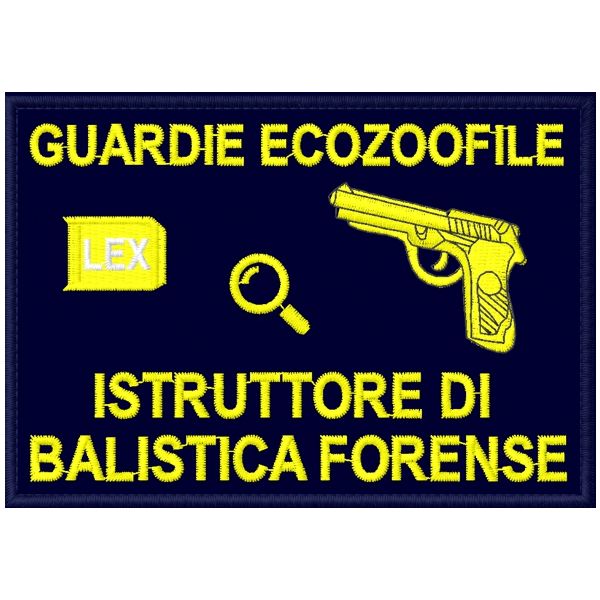 Patch rettangolare cm. 10 x 7  ISTRUTTORE DI BALISTICA FORENSE GUARDIE ECOZOOFILE SU BASE VERDE