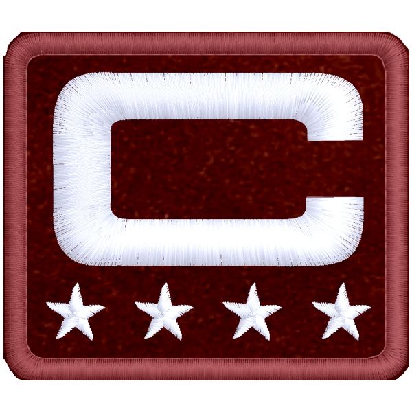 Patch  ricamata su base granata cm.7,5 x cm. 6,5 Iniziale (C ) con 4 stelle bianche