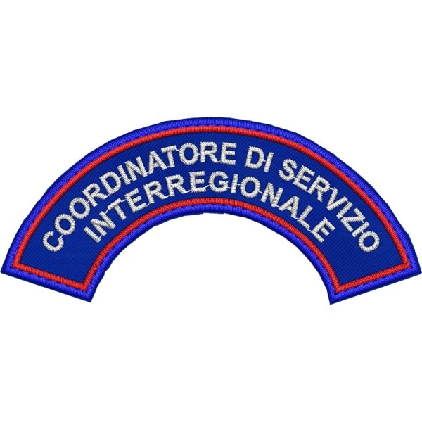 Patch ricamato mezzaluna da spalla COORDINATORE DI SERVIZIO INTERREGIONALE cm.10 x 4,5 su base blu navy e bordo verde
