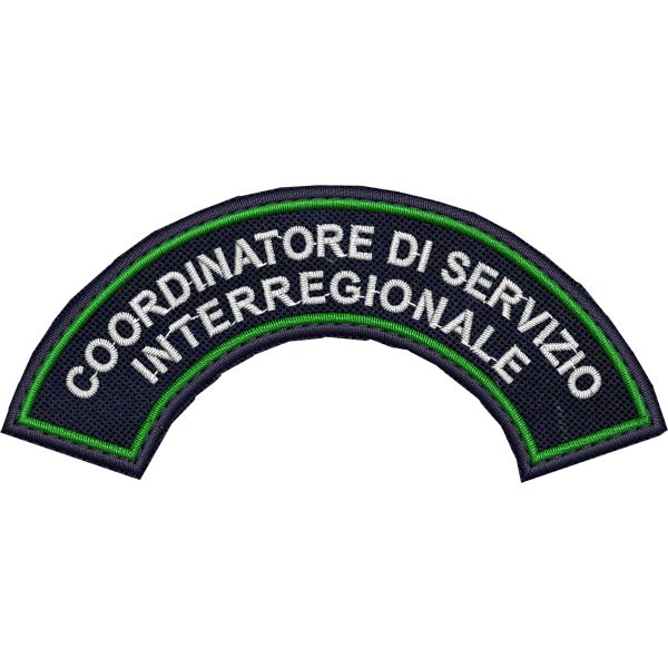 Patch ricamato mezzaluna da spalla COORDINATORE DI SERVIZIO INTERREGIONALE cm.10 x 4,5 su base blu navy e bordo verde