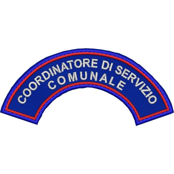 Patch ricamato mezzaluna da spalla COORDINATORE DI SERVIZIO COMUNALE cm.10 x 4,5 su base blu navy con bordo verde
