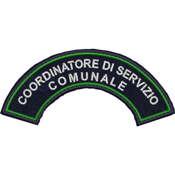 Patch ricamato mezzaluna da spalla COORDINATORE DI SERVIZIO COMUNALE cm.10 x 4,5 su base blu navy con bordo verde