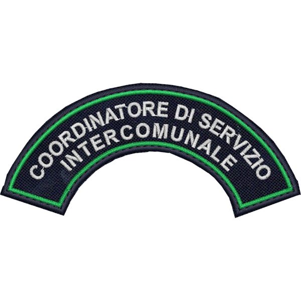 Patch ricamato mezzaluna da spalla COORDINATORE DI SERVIZIO INTERCOMUNALE cm.10 x 4,5 SU BASE BLU NAVY BORDO VERDE