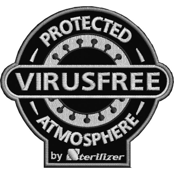 Patch ricamato VIRUSFREE by Sterilizer mm. 90 per 85 di altezza Cod.20210706_A