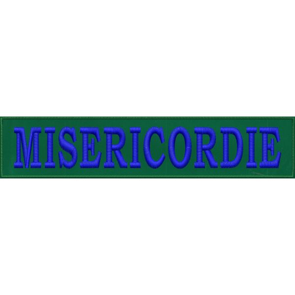 Patch  rettangola su base verde con scritta  MISERICORDIE dim. cm. 25x5