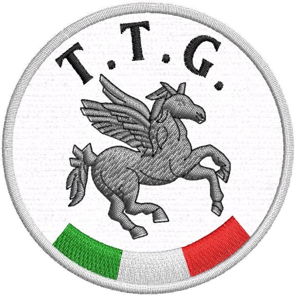 Patch ricamato pegaso T.T.G. su base bianca o rossa diametro cm. 7 