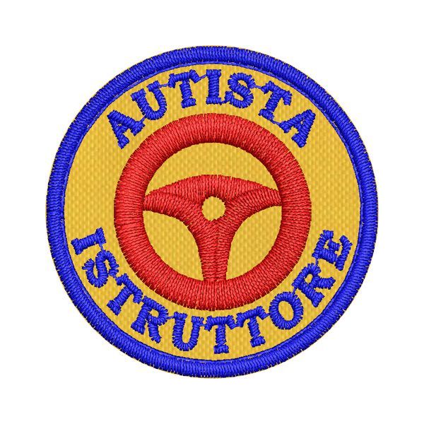 Patch ricamato tondo su base gialla diam. cm.4 AUTISTA ISTRUTTORE