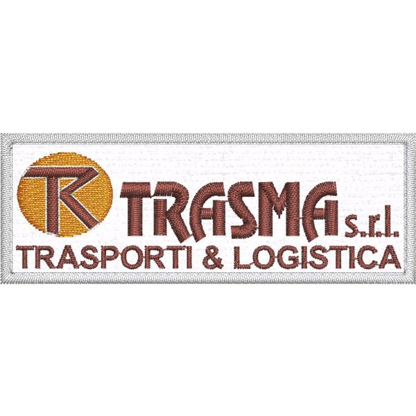 Patch ricamata logo TRASMA TRASPORTI su base cm. 8,0 X  cm.3,0 