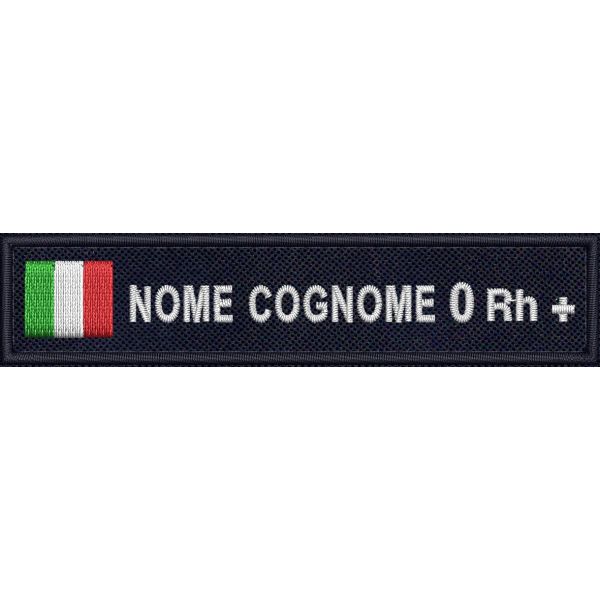 Etichetta personalizzata Band. ITALIA nome e gruppo sanguigno SU BASE TESSUTO NERO
