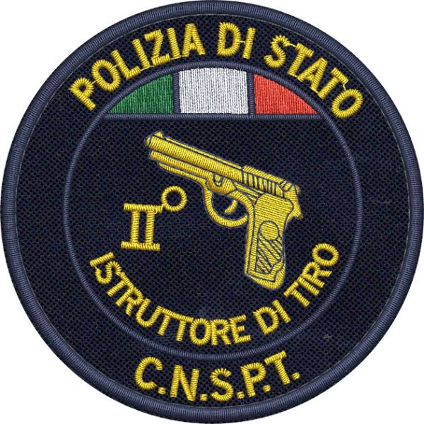 ISTRUTTORE DI TIRO II LIVELLOC.N.S.P.T. Polizia di Stato con mirino ,patch ricamato con tricolore su base tessuto bluNAVY Cod.20220209_A