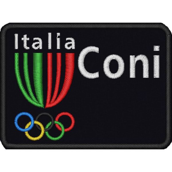 Stemma ricamato logo CONI con 5 cerchi olimpici cm. 7 x 5 rettangolare a spigoli stondati