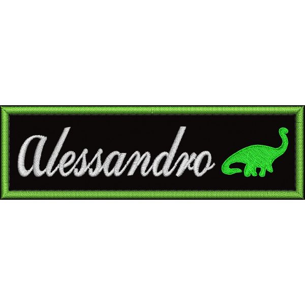 Patch ricamato con DINOSAURO  e nome personalizzato su base nera  cm.10 x 3