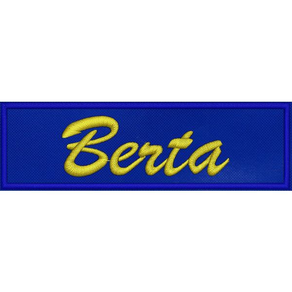 Patch ricamata cm. 10 x 3 su base azzurra e testo a piacere 