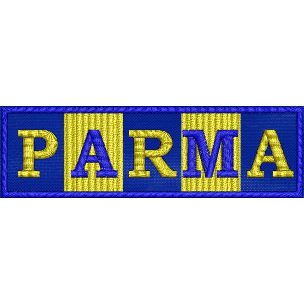 Patch ricamata cm. 10 x 3 su base blu e testo PARMA 
