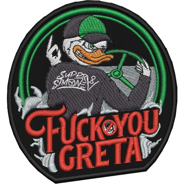 Patch ricamato PAPERO fuck you greta su base nera cm. 7 x 7,5