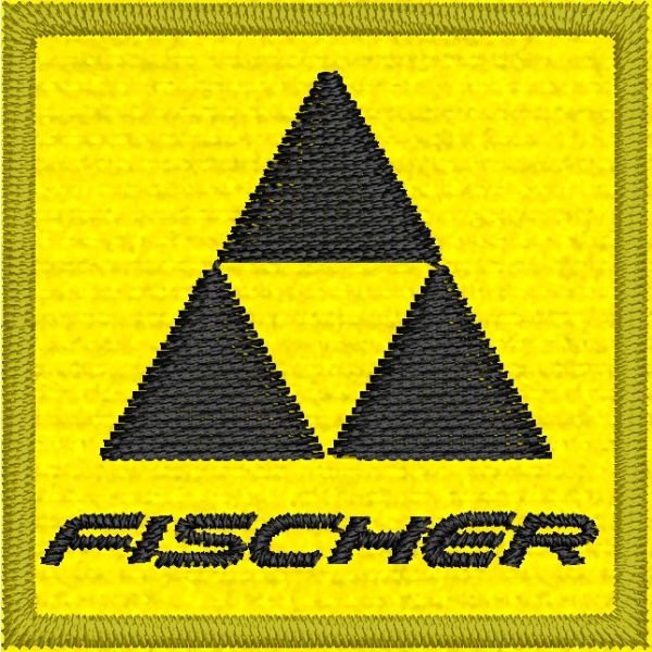 Patch Ricamato quadro FISCHE cm. 3 di base su fondo giallo 