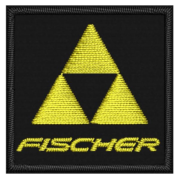 Patch Ricamato quadro FISCHE cm. 3 di base su fondo giallo 