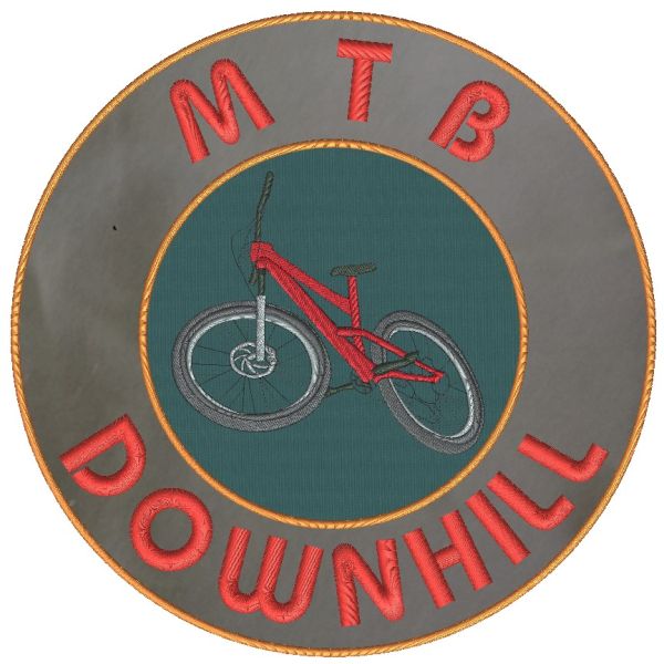 Stemmone ricamato diametro cm.30 tondo con bici MTB DOWNHILL su fondo grigio e verde
