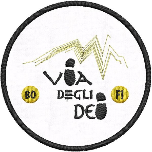 Patch Ricamato cammino Via degli Dei (BO)--(FI) diam. cm.7,5 su base bianca. 