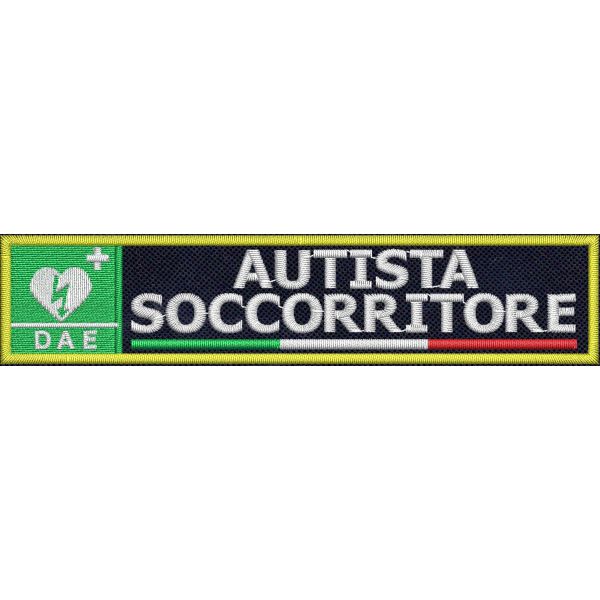 Patch ricamato su base blu navy (AUTISTA SOCCORRITORE) cm. 12 x 2,5 