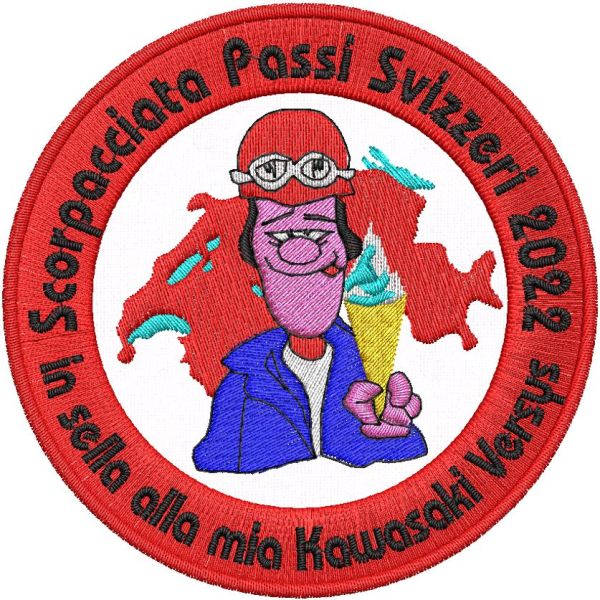 Patch ricamato Scorpacciata passi alpini Svizzeri  mm. 85 diam_mm.85  