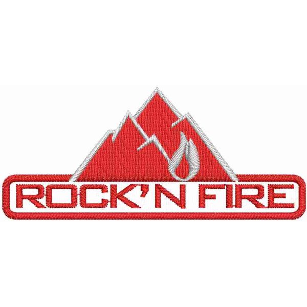 Patch ricamato LOGO montagna palestra ROCK'N FIRE su base bianca mm. 80 x 35 